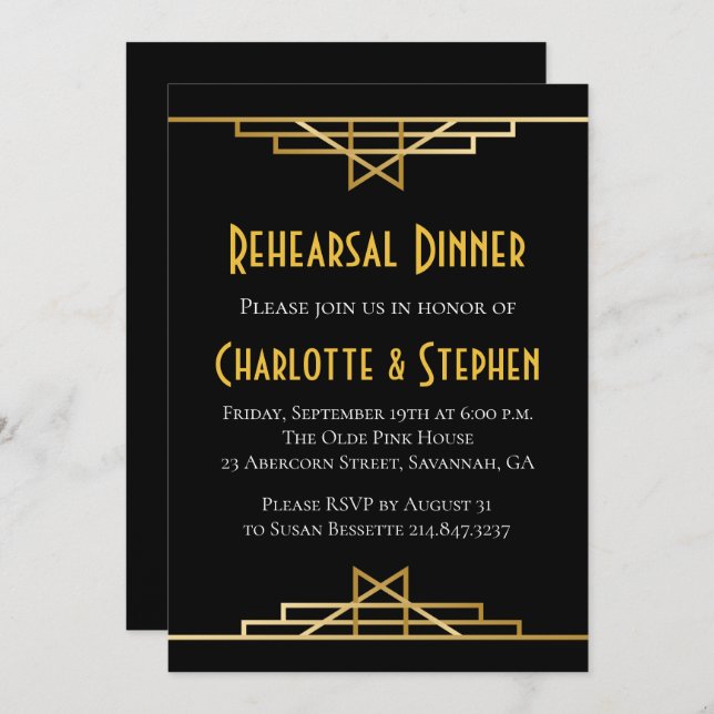 Retro Art Déco Gatsby Gold & Black Wedding Einladung (Vorne/Hinten)