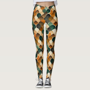 Retro-Art Deco-Geometrie in warmem Gold und Grün Leggings