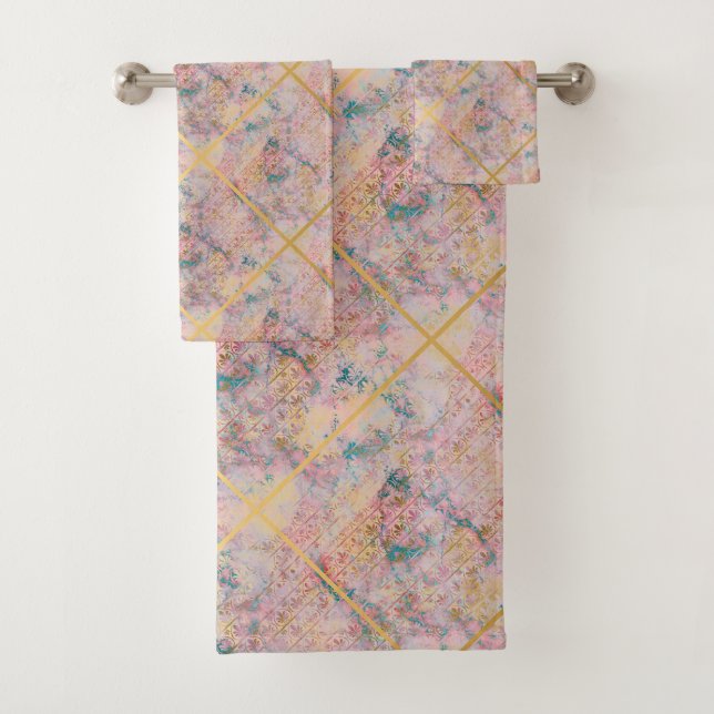 RETRO ART DECO GOLD PINK MARBLE BADEZIMMER TOWEL BADHANDTUCH SET (Insitu)