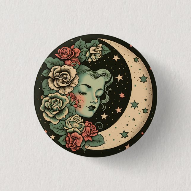 Retro Art Deco Green Crescent Moon Lady Button (Vorderseite)