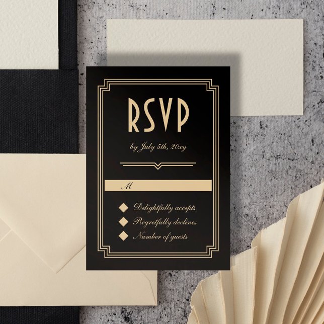 Retro Art Deco Klassische Black Gold Hochzeit RSVP Karte (Von Creator hochgeladen)