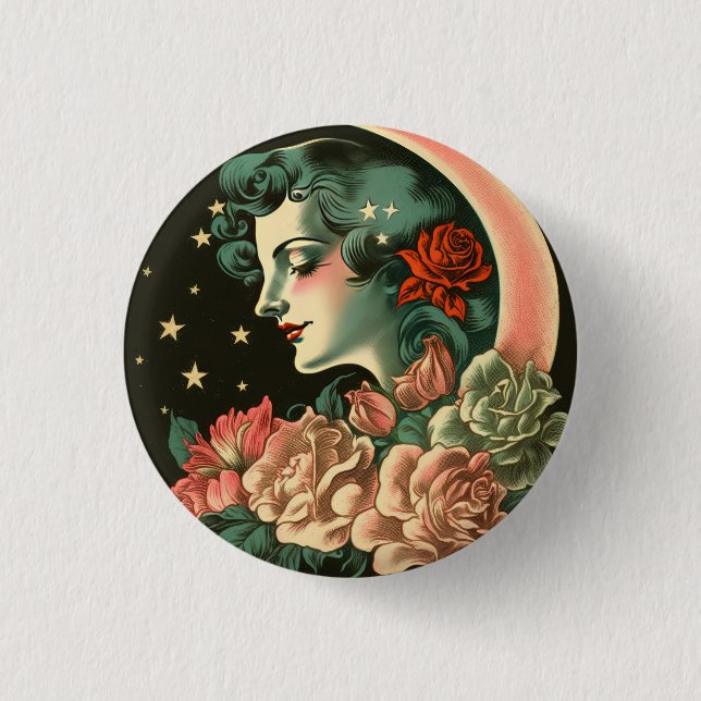 Retro-Art Deco-Mond-Dame & Blumen Button (Vorderseite)