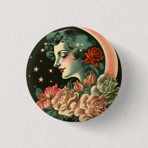 Retro-Art Deco-Mond-Dame & Blumen Button