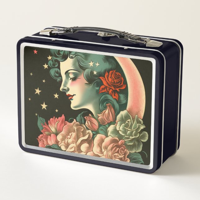 Retro Art Deco Moon Lady & Blume Metall Brotdose (Rückseite)
