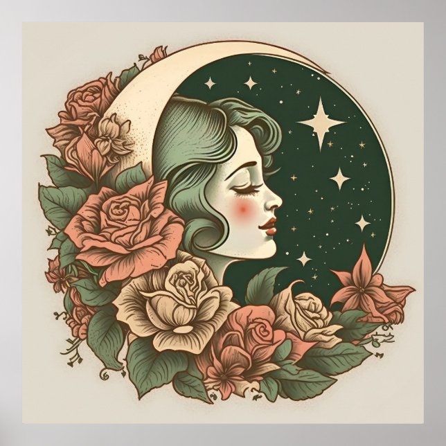 Retro Art Deco Moon Lady Stars & Blume Poster (Vorne)