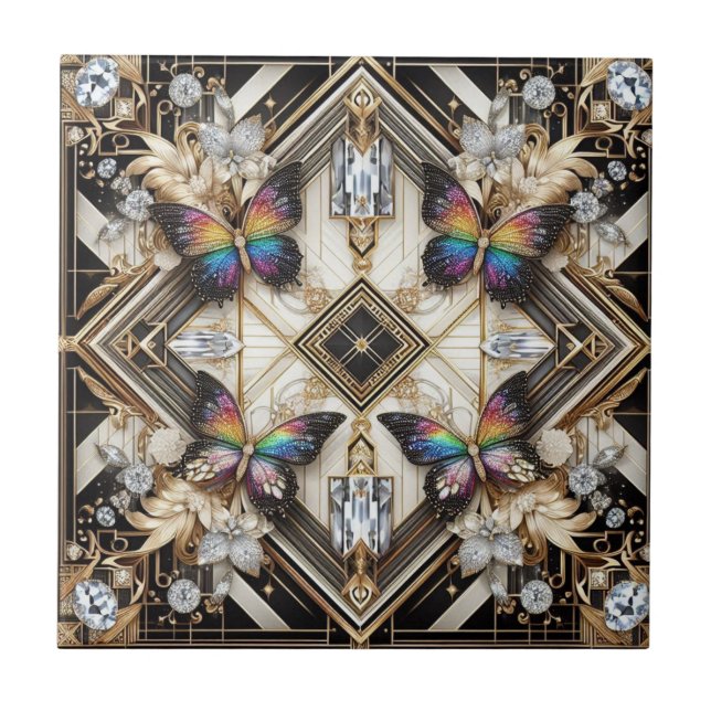 Retro Art Deco Nouveau Regenbogen Schmetterling Fliese (Vorderseite)
