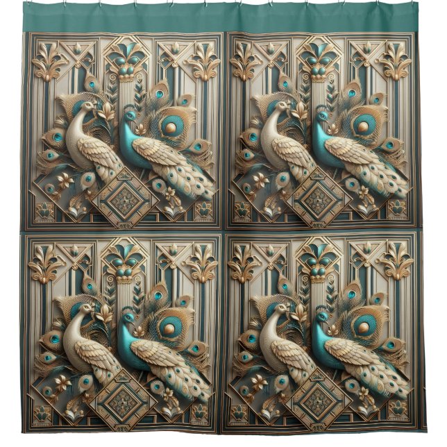Retro-Art-Deco-Pfauen Duschvorhang (Vorderseite)