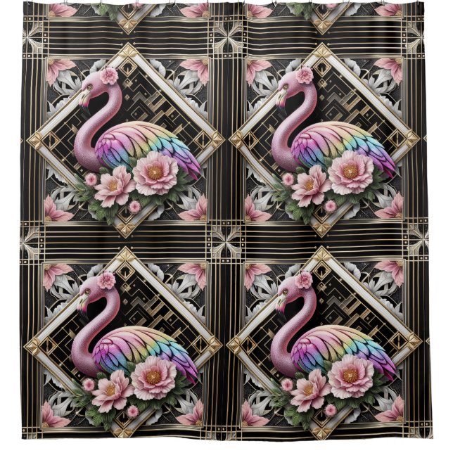 Retro Art Deco Pink Flamingos Duschvorhang (Vorderseite)