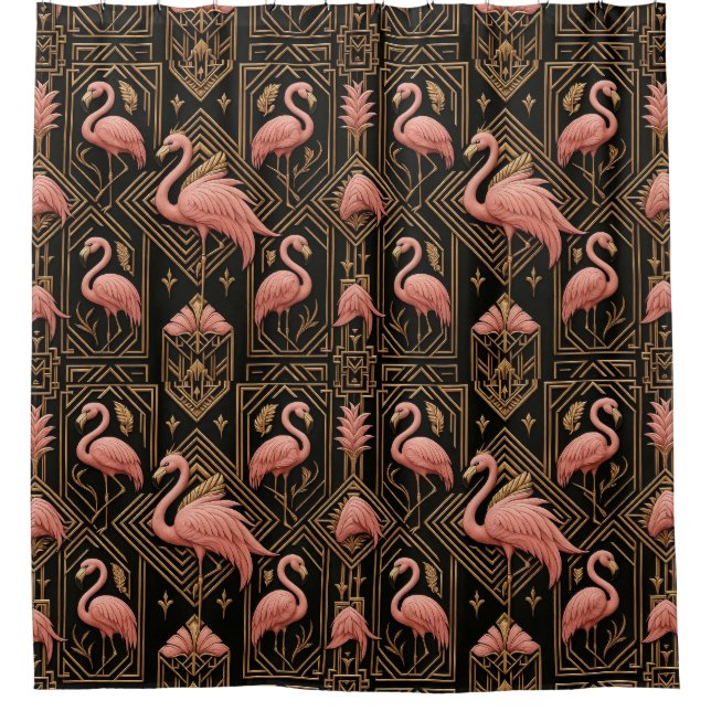 Retro-Art-Deco-Rosa-Flamingos Duschvorhang (Vorderseite)