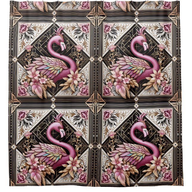 Retro-Art-Deco-Rosa-Flamingos Duschvorhang (Vorderseite)
