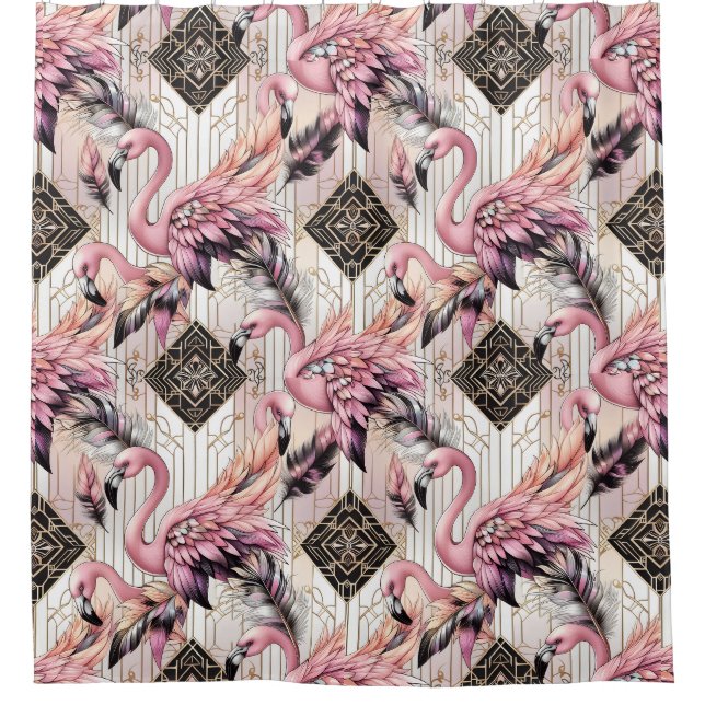 Retro-Art Deco Rosa Flamingos Duschvorhang (Vorderseite)