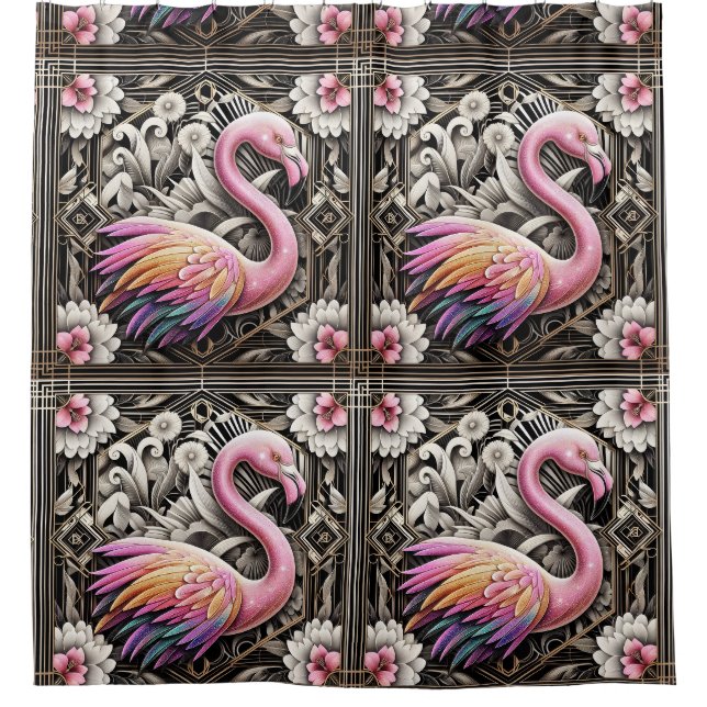 Retro-Art Deco Rosa Flamingos Duschvorhang (Vorderseite)