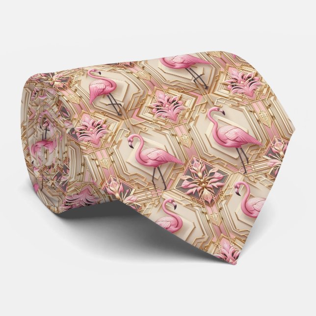 Retro Art Deco Rosa Flamingos Krawatte (Gerollt)