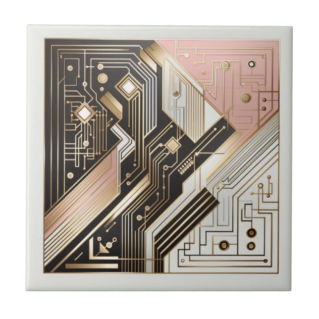 Retro Art Deco Rosa Gold und Schwarz Fliese (Vorderseite)