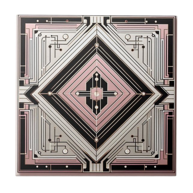 Retro Art Deco Rosa Weiß und Schwarz Fliese (Vorderseite)