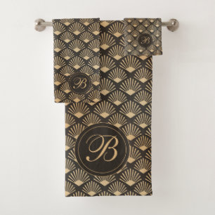 Retro Art Deco Schwarz und Sepia Badetuch Set