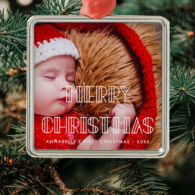 Retro Art Deko Merry Christmas Baby Foto Ornament Aus Metall (Von Creator hochgeladen)