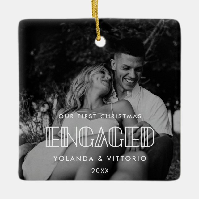 Retro Art Deko Unser erstes verlobtes Foto zu Weih Keramikornament (Vorderseite)