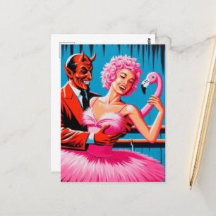 Retro Art Devil mit Ballet Dancer rosa Flamingo Postkarte