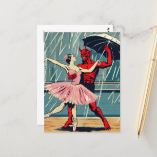 Retro Art Devil mit Balletttänzerin in Regen Postkarte