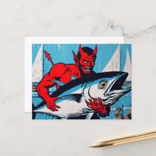 Retro Art Devil mit einem Tunfisch der Beach Grung Postkarte