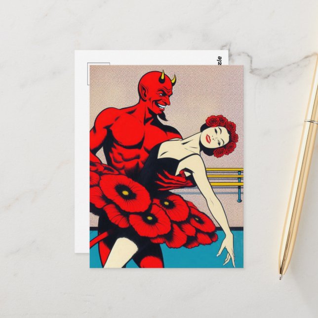 Retro Art Devil with Dancer in einem roten Mohnkle Postkarte (Vorderseite/Rückseite Beispiel)