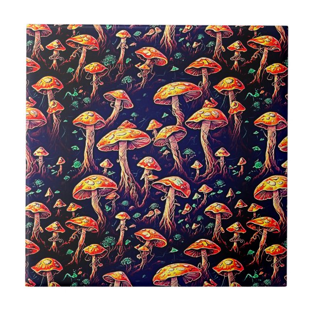 Retro Art Mushrooms - Biolumineszenz Dreamscape Fliese (Vorderseite)