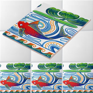 Retro-Art Nouveau-Fisch- und Lilienfriesmuster Fliese
