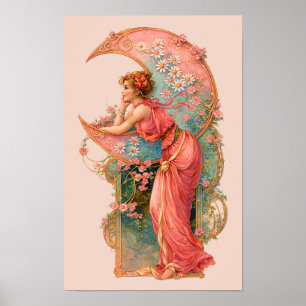 Retro-Art Nouveau-Frau und Halbmond Poster