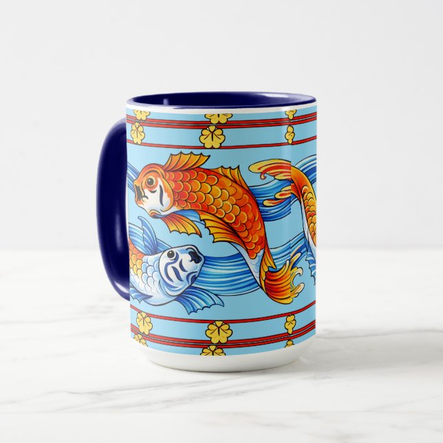 Retro-Art Nouveau Koi-Fisch-Friesmuster Tasse (Vorderseite Links)