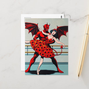 Retro-Art Teufel mit Ballerina in einem Mohnkleid Postkarte