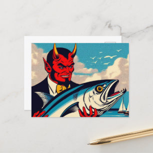 Retro-Art-Teufel mit einem Thunfisch am Strand Postkarte