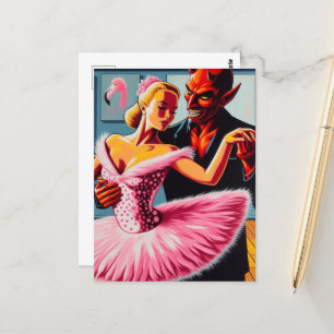 Retro-Art-Teufel mit Flamingo-Tänzer  Postkarte
