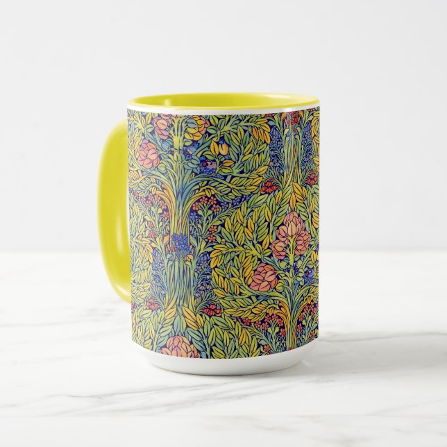 Retro Arts & Crafts style Birds in Trees Pattern Tasse (Vorderseite Links)