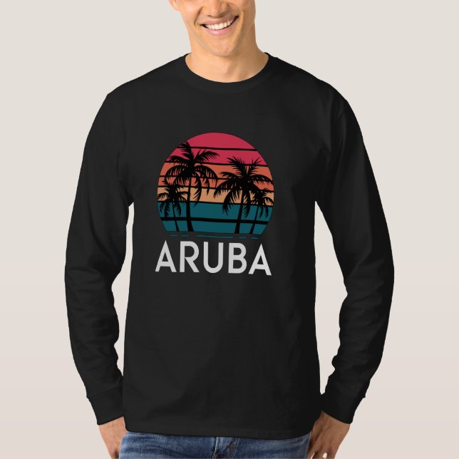 Retro Aruba, Fun Beach Sunset Palm Tree Sommer T-Shirt (Vorderseite)