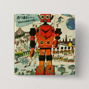 Retro-Asiatischer-Roboter-Druck Kunst Button