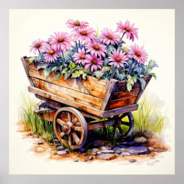 Retro-Aster-Blume in einem Holzwagen Poster