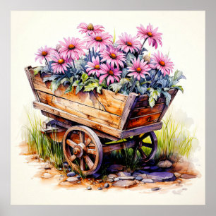 Retro-Aster-Blume in einem Holzwagen Poster
