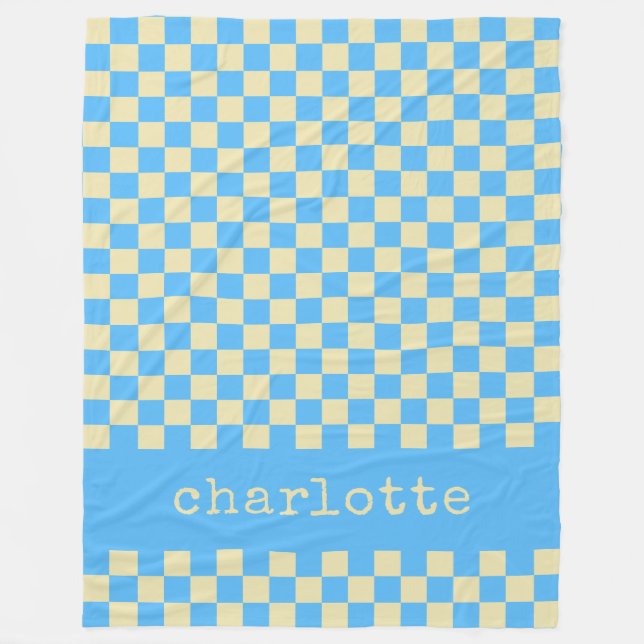 Retro-Ästhetik Schachbrettmuster Blau Name Fleecedecke (Vorderseite)
