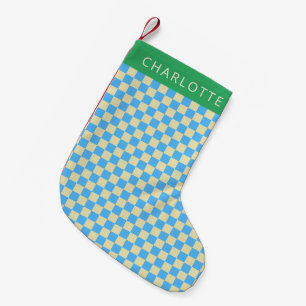 Retro-Ästhetische Checkerboard Blau Personalisiert Kleiner Weihnachtsstrumpf