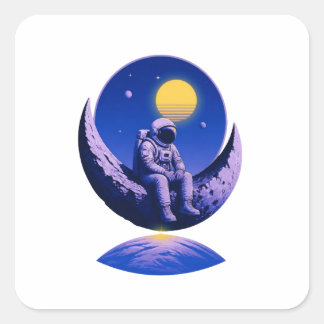 Retro-Astronaut auf zunehmendem Mond – Kosmischer Quadratischer Aufkleber