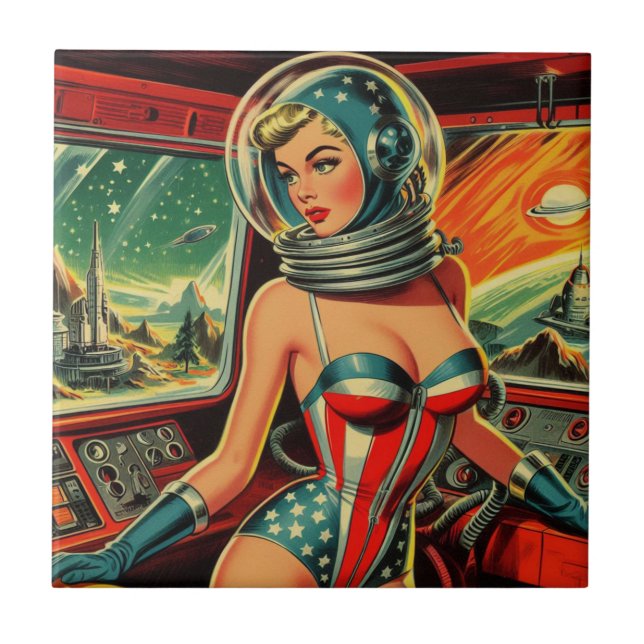 Retro Astronaut Girl Fliese (Vorderseite)