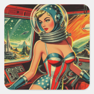 Retro Astronaut Girl Quadratischer Aufkleber