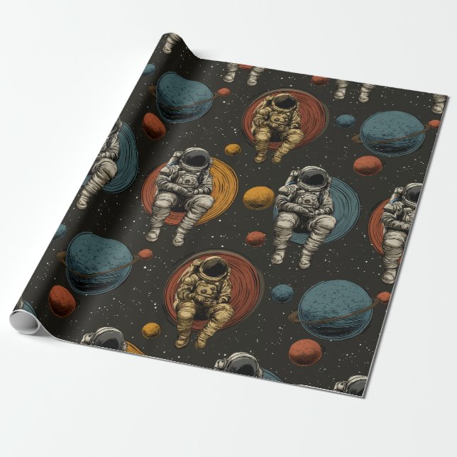 Retro-Astronaut-Raumszene-Wrap-Papier Geschenkpapier (Ungerollt)
