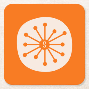 Retro Atom Alter Midcentury Orange Atom mit Initia Rechteckiger Pappuntersetzer