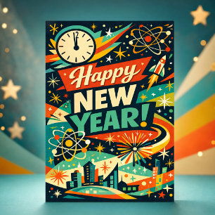 Retro-Atom-Space-Age-Neujahr Feiertagskarte