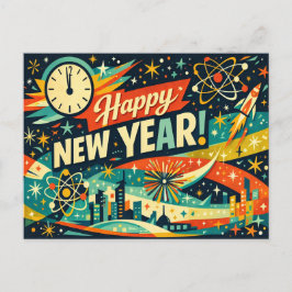 Retro-Atom-Space-Age-Neujahr Feiertagspostkarte