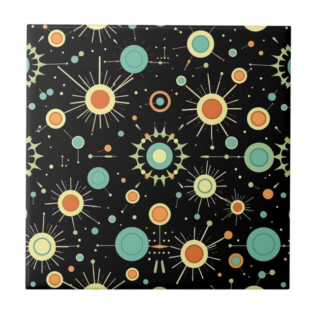 Retro-Atom-Sternenexplosion-Midcentury-Muster Fliese (Vorderseite)