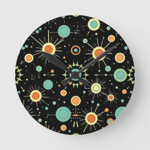 Retro-Atom-Sternenexplosion-Midcentury-Muster Runde Wanduhr