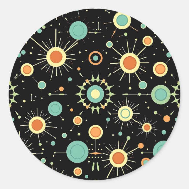 Retro-Atom-Sternenexplosion-Midcentury-Muster Runder Aufkleber (Vorderseite)
